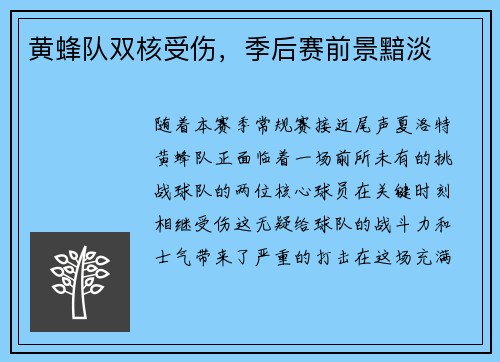 黄蜂队双核受伤，季后赛前景黯淡