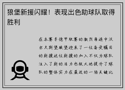 狼堡新援闪耀！表现出色助球队取得胜利