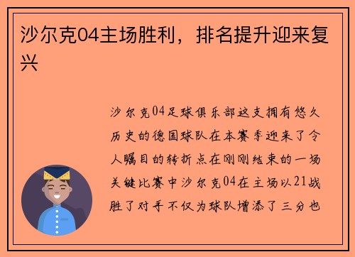 沙尔克04主场胜利，排名提升迎来复兴