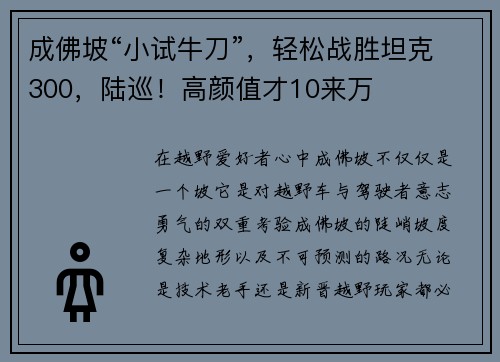 成佛坡“小试牛刀”，轻松战胜坦克300，陆巡！高颜值才10来万