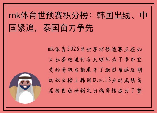 mk体育世预赛积分榜：韩国出线、中国紧追，泰国奋力争先